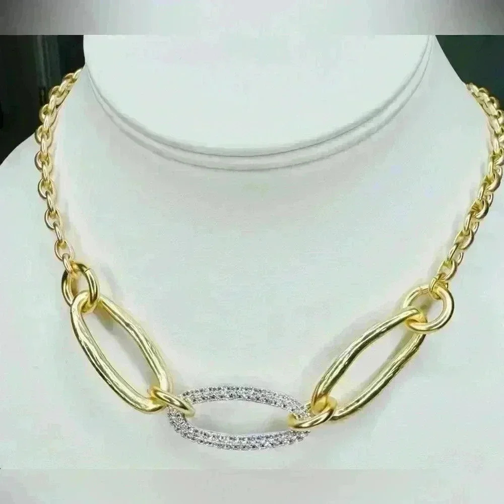 Two Tone Matte & Simulated Stones Oval Linked Necklace. Beautiful - Picture 2 of 2